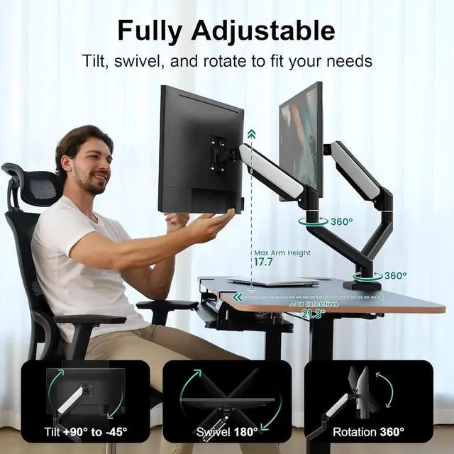Alt view image 3 of 7 - Dual Monitor Desk Mount for 13-32" Computer Screen,Adjustable Gas Spring Monitor Arm,Each Arm Holds 4.4 to 22 lbs
