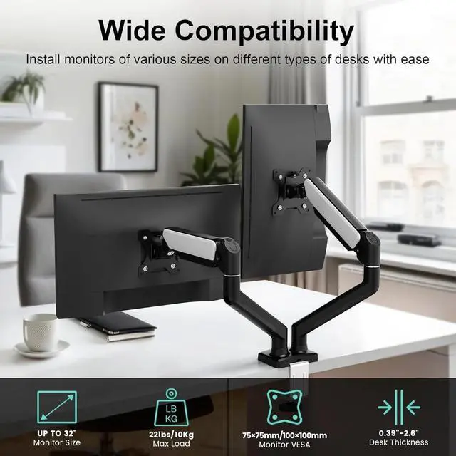 Alt view image 4 of 7 - Dual Monitor Desk Mount for 13-32" Computer Screen,Adjustable Gas Spring Monitor Arm,Each Arm Holds 4.4 to 22 lbs