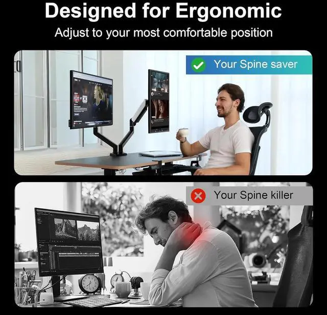 Alt view image 2 of 7 - Dual Monitor Desk Mount for 13-32" Computer Screen,Adjustable Gas Spring Monitor Arm,Each Arm Holds 4.4 to 22 lbs