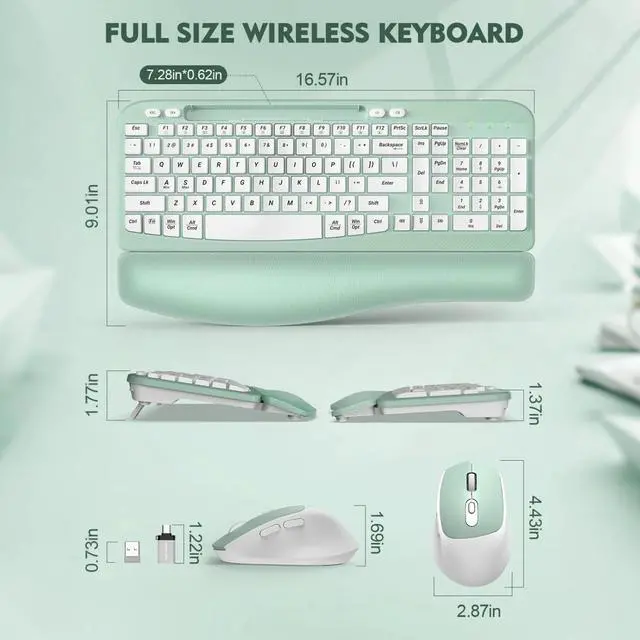 Alt view image 3 of 5 - Wireless Keyboard and Mouse Combo, Wave Keys Full-Sized Ergonomic Keyboard with Cushioned Plam Rest, Laptop, PC, Mac, Windows