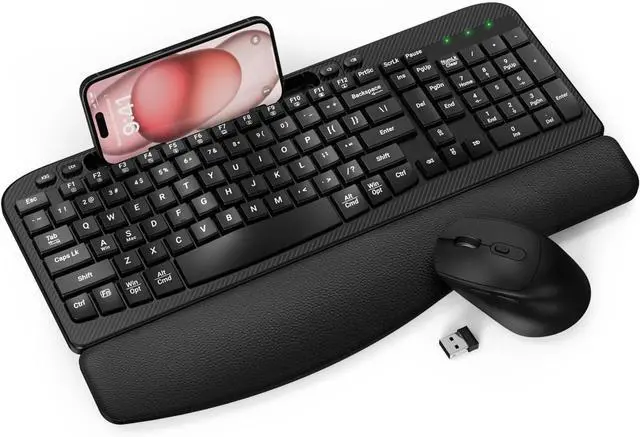 Main image of FOR-Wave Keys Computer Ergonomic Keyboard with Cushioned Plam Rest, Phone Holder, 2.4GHz Silent 6 Button Wireless Mouse Set for Laptop, PC, Mac (Black)