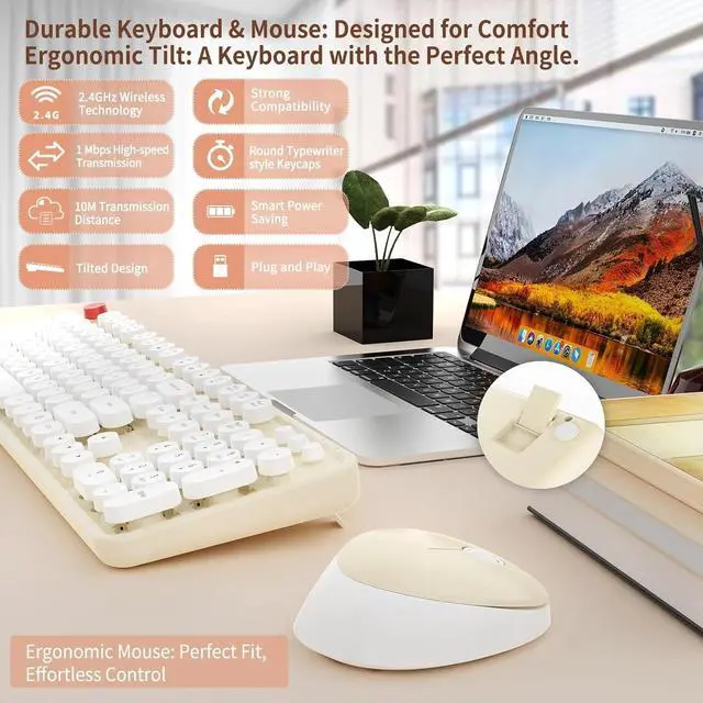 Alt view image 2 of 4 - Wireless Keyboard and Mouse Combo, Full-Size Retro Typewriter Keyboard with Round Keycaps, Ergonomic Design for Windows PC