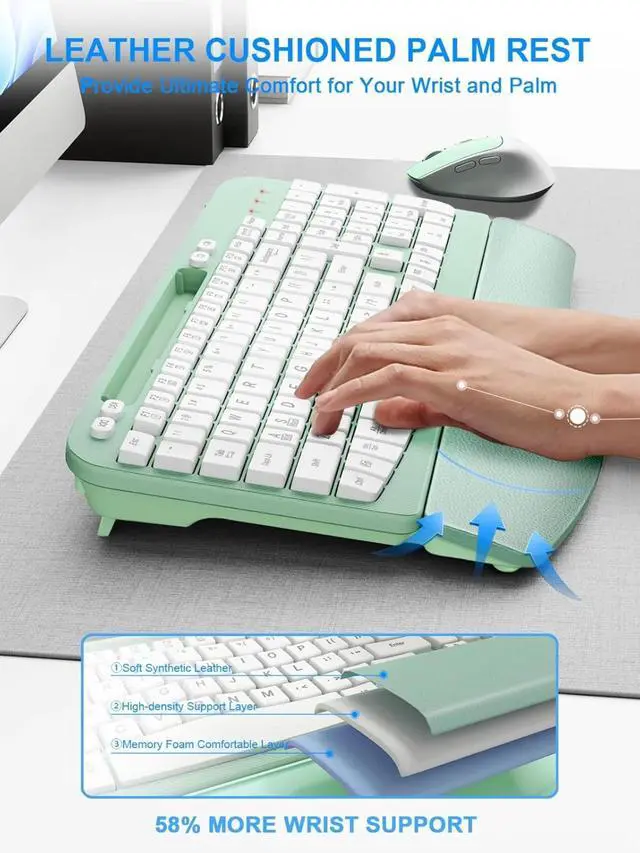 Alt view image 3 of 5 - Wireless Keyboard and Mouse Combo, Phone Holder, 2.4GHz Silent 6 Button Wireless Mouse Set for Laptop, PC, Windows, Mac (Mint Green)
