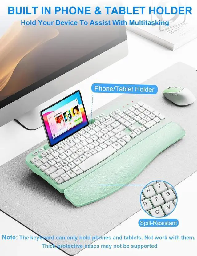 Alt view image 5 of 5 - Wireless Keyboard and Mouse Combo, Phone Holder, 2.4GHz Silent 6 Button Wireless Mouse Set for Laptop, PC, Windows, Mac (Mint Green)