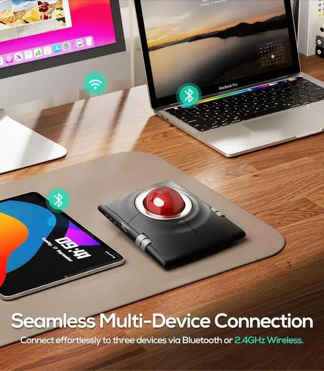 Alt view image 4 of 4 - Wireless Trackball Mouse, Ergonomic 55mm Trackball, Rechargeable, Multi-Device Bluetooth & 2.4GHz for PC, Laptop, Mac