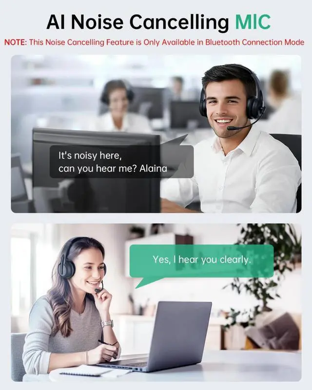 Alt view image 3 of 4 - Wireless Headset with Mic with AI Noise Cancelling Mic , Bluetooth V5.3 Headphones with Microphone to USB A/C Dongle & Mic Mute (Black)