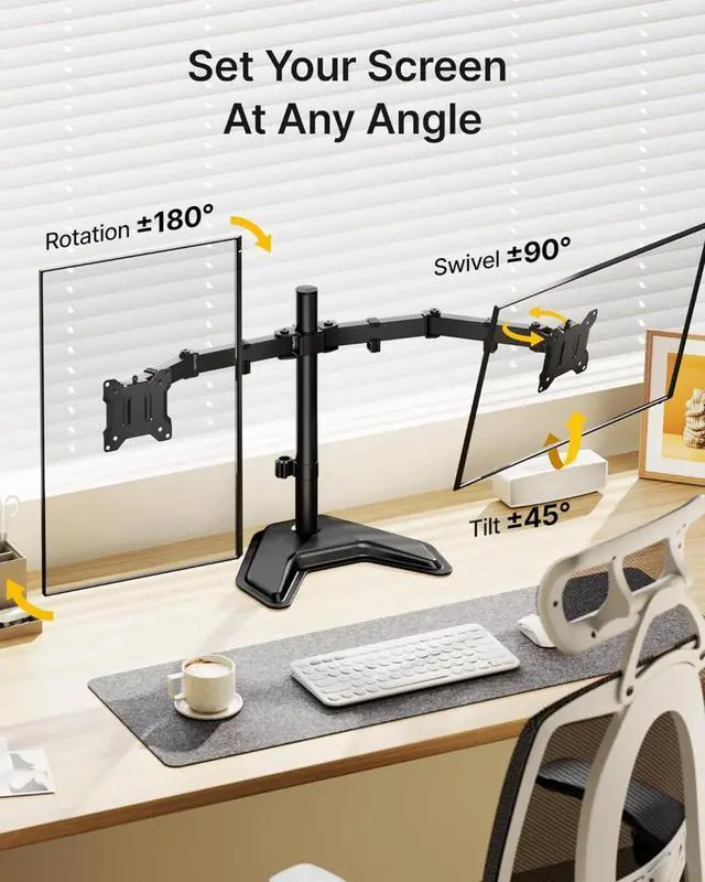 Alt view image 3 of 5 - Stable Freestanding Dual Monitor Stand for 1732 Computer Screens, Heavy-Duty Desk Mount ,Adjustable Brackets and Arms, Solid V-Shaped Base