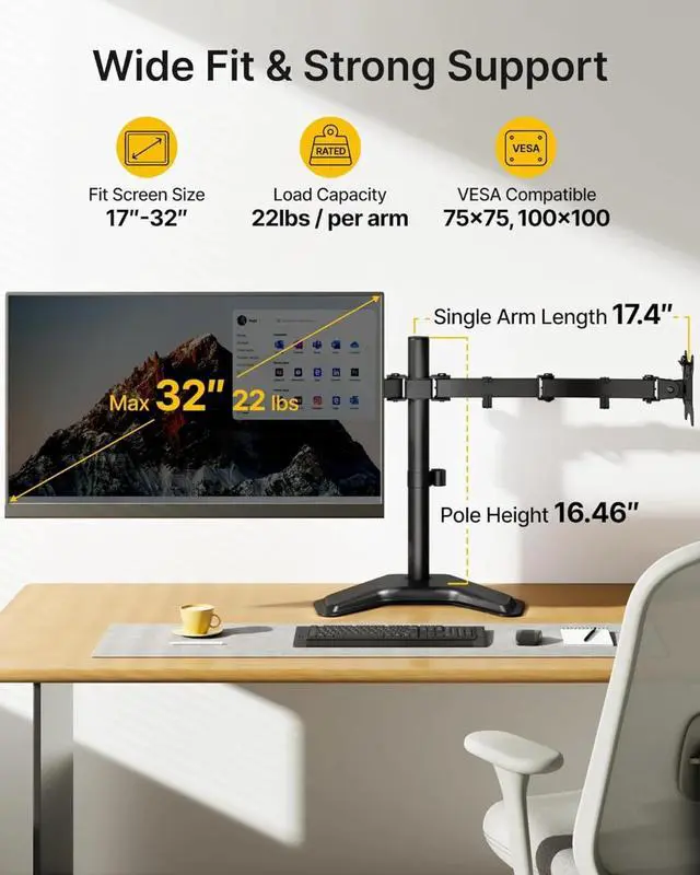 Alt view image 2 of 5 - Stable Freestanding Dual Monitor Stand for 1732 Computer Screens, Heavy-Duty Desk Mount ,Adjustable Brackets and Arms, Solid V-Shaped Base