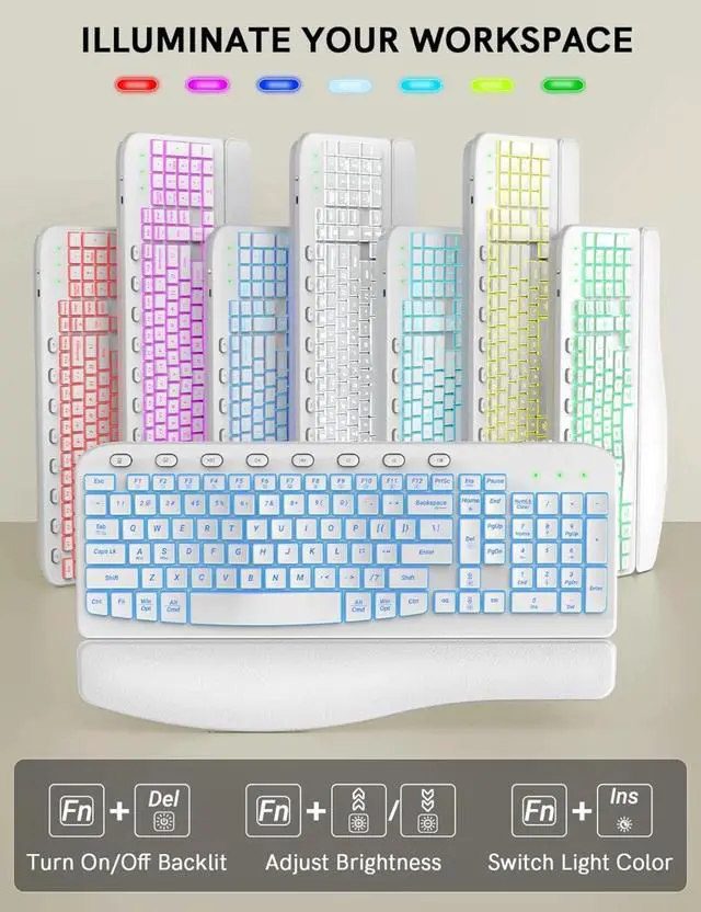 Alt view image 3 of 4 - Ergonomic Wireless Keyboard and Mouse Combo - Wave Keyboard with Soft Leather Wrist Rest, RGB Backlit Rechargeable Set for PC/Mac/(White)