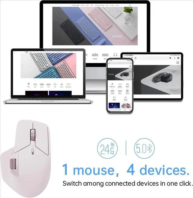 Alt view image 2 of 5 - Bluetooth Wireless Mouse - Bluetooth 5.0 and 2.4GHz Multi-Mode Connection, Support 4 Devices,Pink