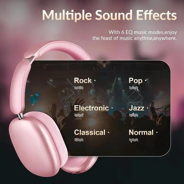 Alt view image 5 of 5 - 60H Battery,5 EQ Music Modes,Hi-Res Audio,Deep Bass,Foldable Wireless Over Ear Bluetooth 5.4 Headset (Pink)