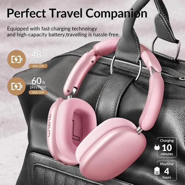 Alt view image 4 of 5 - 60H Battery,5 EQ Music Modes,Hi-Res Audio,Deep Bass,Foldable Wireless Over Ear Bluetooth 5.4 Headset (Pink)