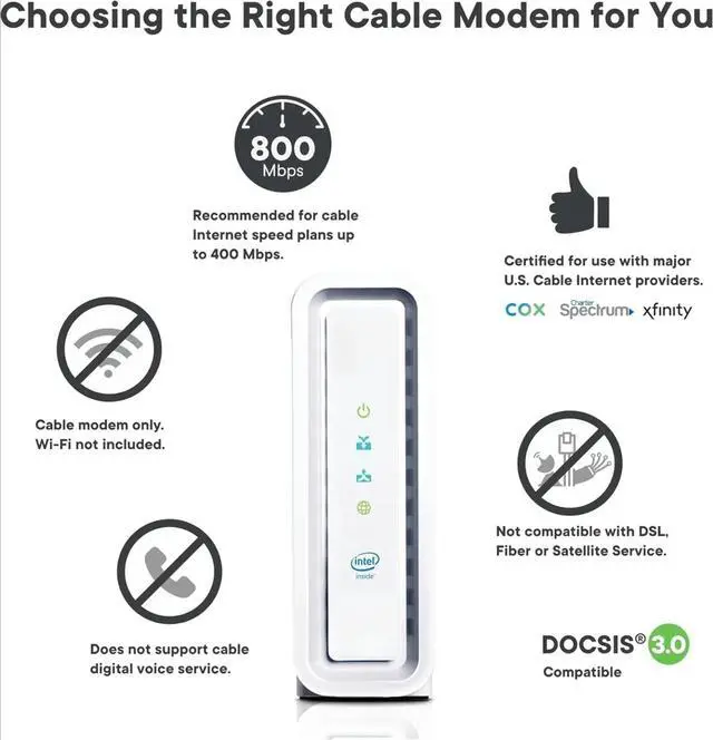 Alt view image 4 of 4 - Cable Modem - DOCSIS 3.0 32x8 Gigabit Modem, For Comcast Xfinity, Cox, check with ISP for compatibility [Not for Spectrum] 1 Gbps Port