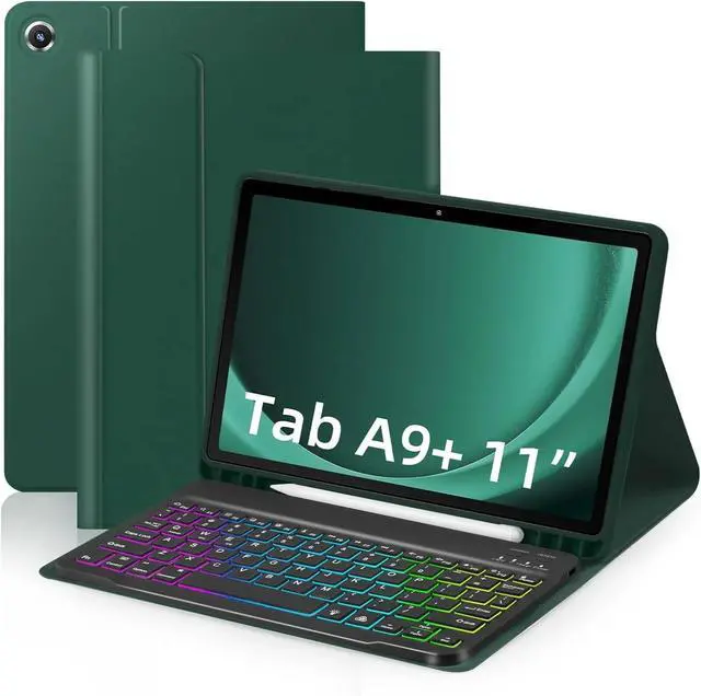 Main image of 7 Color Rainbow Backlight Detachable USB-C Keyboard Magnetic Case with Pen Slot for Tablet A9+ 5G Dark Green