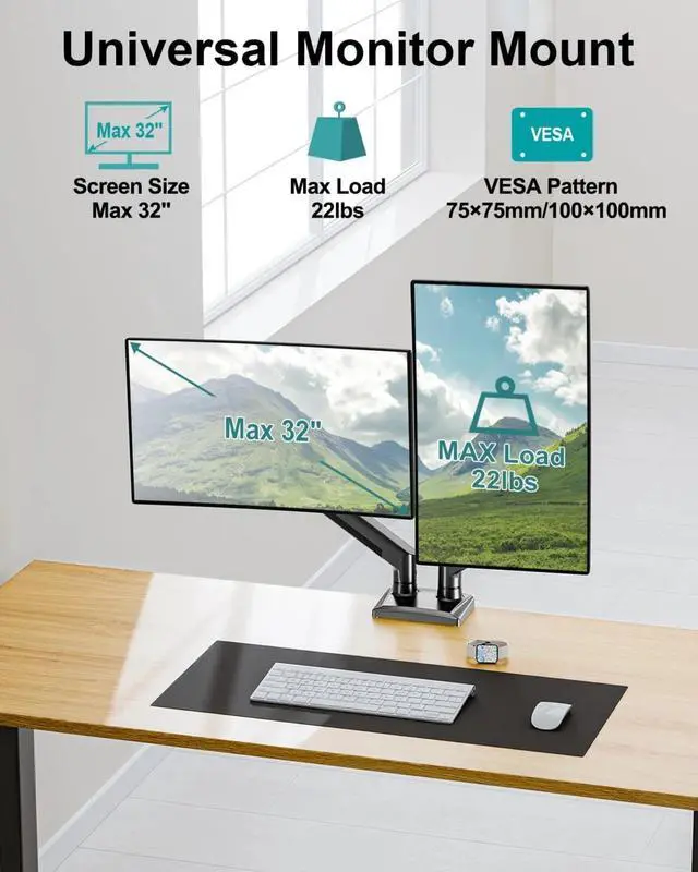 Main image of FOR-Dual Monitor Arm Desk Mount Fits 13 to 32 inch Computer Screens, Adjustable Double Monitor Stand 75/100mm Bracket, Black, Freelift