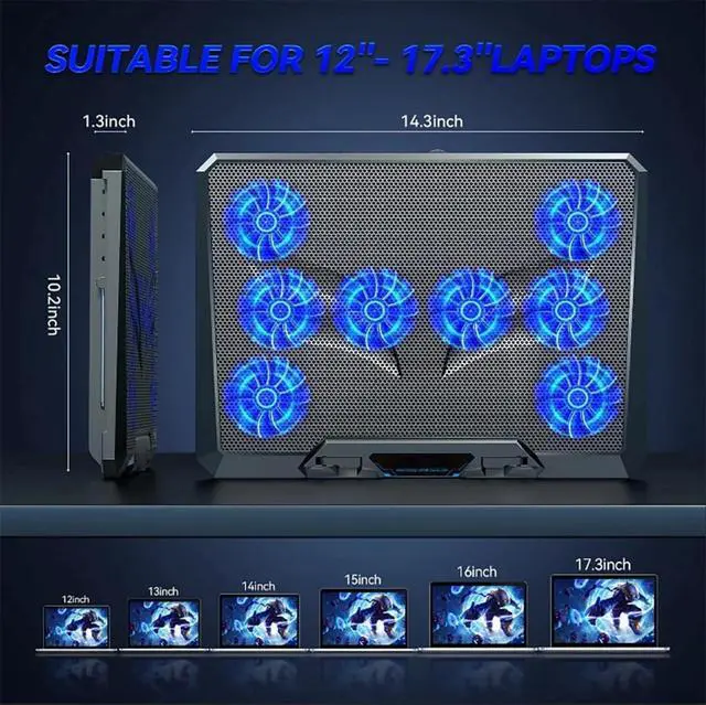 Alt view image 5 of 6 - Quiet Cooling pad Laptop, with 8 Fan, Adjustable Speed, 5-Level Height Adjustment, Mute Silent,Built-in Phone Stand