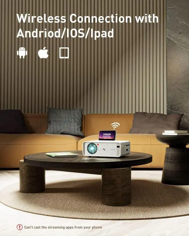 Alt view image 3 of 5 - Mini Projector, Portable WiFi Movie Projector for Outdoor Use, 8000L 1080P HD and 200'' Screen Supported - White