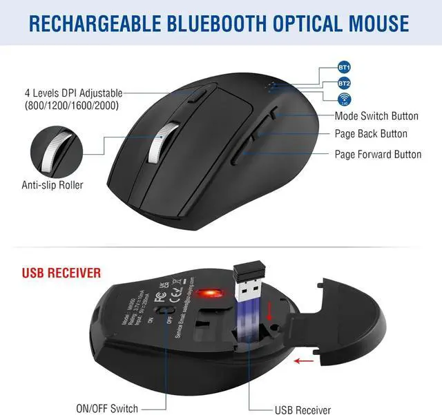 Alt view image 6 of 6 - Wireless Keyboard Mouse Combo, Bluetooth/2.4G Split Design Keyboard with Palm Rest and 4 Level DPI Adjustable