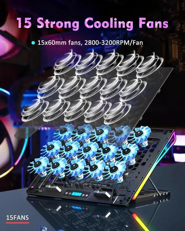 Alt view image 2 of 6 - Laptop Cooling Pad, 15 Powerful Cooling Fans, Gaming Laptop Cooler with RGB Lights for 15-17.3 inch PC Computers
