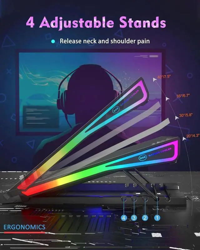 Alt view image 3 of 6 - Laptop Cooling Pad, 15 Powerful Cooling Fans, Gaming Laptop Cooler with RGB Lights for 15-17.3 inch PC Computers