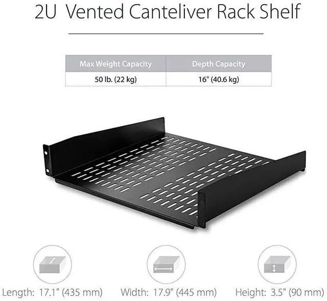 Alt view image 2 of 6 - 2U Server Rack Shelf Universal Vented Cantilever Tray for 19quot Network Equipment Rack amp Cabinet Heavy Duty Steel 50lb 16quot Deep CABSHELFV