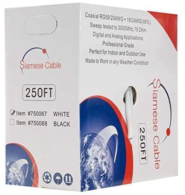 Alt view image 3 of 3 - 250FT White Bulk Siamese RG59U Cable 20AWG + 182AWG 95 Shielding CCTV Video Wire