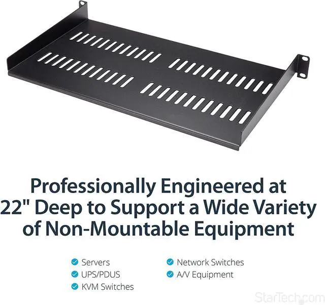Alt view image 2 of 4 - for 1U Vented Server Rack Mount Shelf - 10in Deep Steel Universal Cantilever Tray for 19" AV & Network Equipment Rack - 44lbs (CABSHELFV1U), 10" Depth