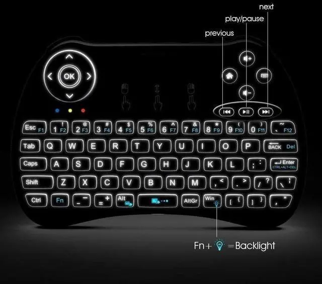 Main image of (Backlit Version)REIIE H9+ Backlit Wireless Mini Handheld Remote Keyboard with Touchpad Work for PC,Raspberry Pi 2, Android TV Box ,KODI,Windows 7 8 10