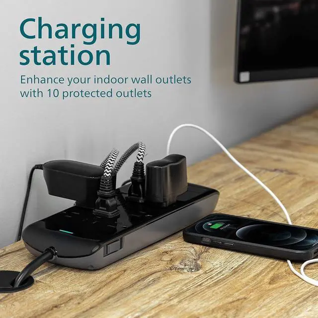 Alt view image 3 of 3 - 10 Outlet Power Strip Surge Protector, 2 USB Charging Ports, 6ft Long Power Cord, Flat Plug, Wall Mount, 2880 Joules, ETL Listed, Circuit Breaker, Automatic Shutdown, Black, SPP6710BC/37