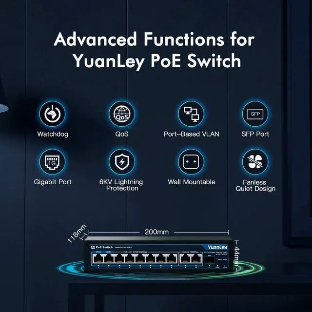 Alt view image 4 of 7 - FOR-11 Port Gigabit PoE Switch 8 PoE+ Port 1000Mbps 2 Gigabit Uplink 1 SFP Port 120W 802.3af/at Metal Qos Unmanaged Plug and Play AI Smart Detection Ethernet Switch