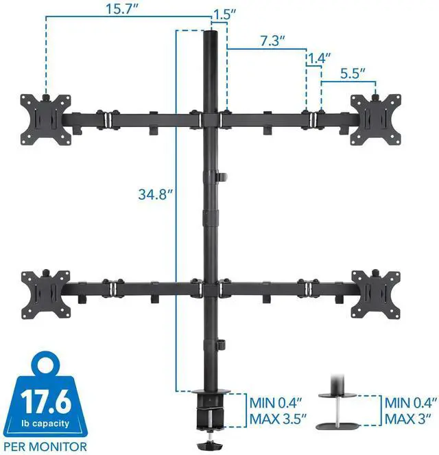 Alt view image 6 of 7 - FOR-4 Monitor Stand | Quad Monitor Desk Mount | Fits Four Computer Screens 19 21 24 27 29 30 32 Inches | Heavy Duty Height Adjustable Arms | VESA 75 100 Compatible | C-Clamp and Grommet Bases