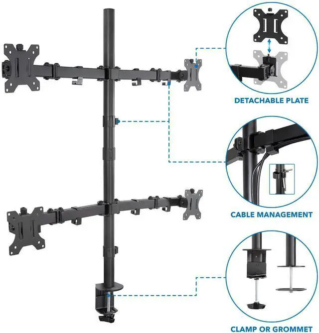 Alt view image 4 of 7 - FOR-4 Monitor Stand | Quad Monitor Desk Mount | Fits Four Computer Screens 19 21 24 27 29 30 32 Inches | Heavy Duty Height Adjustable Arms | VESA 75 100 Compatible | C-Clamp and Grommet Bases