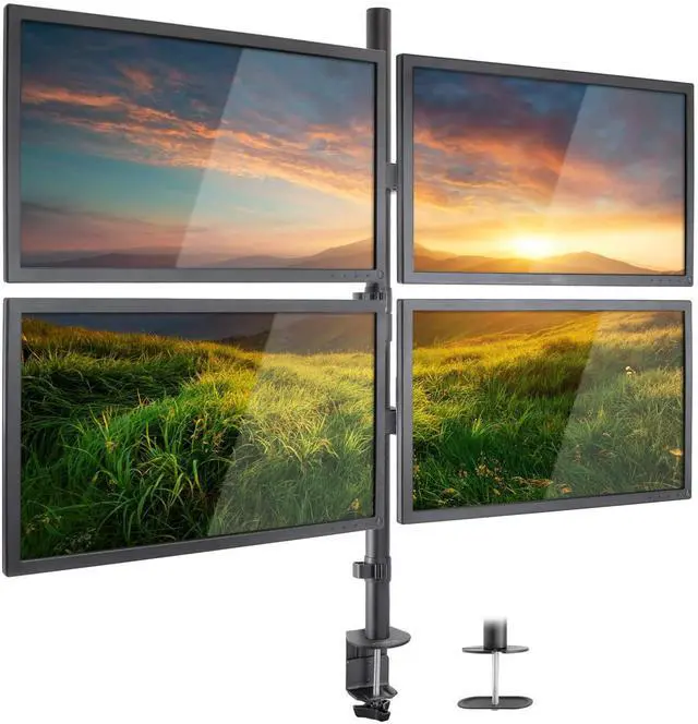 Alt view image 2 of 7 - FOR-4 Monitor Stand | Quad Monitor Desk Mount | Fits Four Computer Screens 19 21 24 27 29 30 32 Inches | Heavy Duty Height Adjustable Arms | VESA 75 100 Compatible | C-Clamp and Grommet Bases