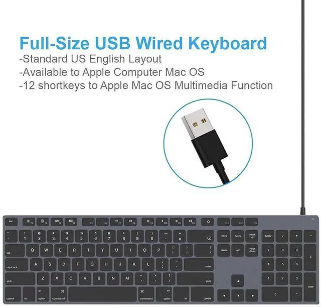 Alt view image 3 of 7 - FOR-Aluminum USB Wired Keyboard with Numeric Keypad for Mac Pro Mini Mac iMac iMac Pro MacBook Pro/Air Laptop and PC Computer