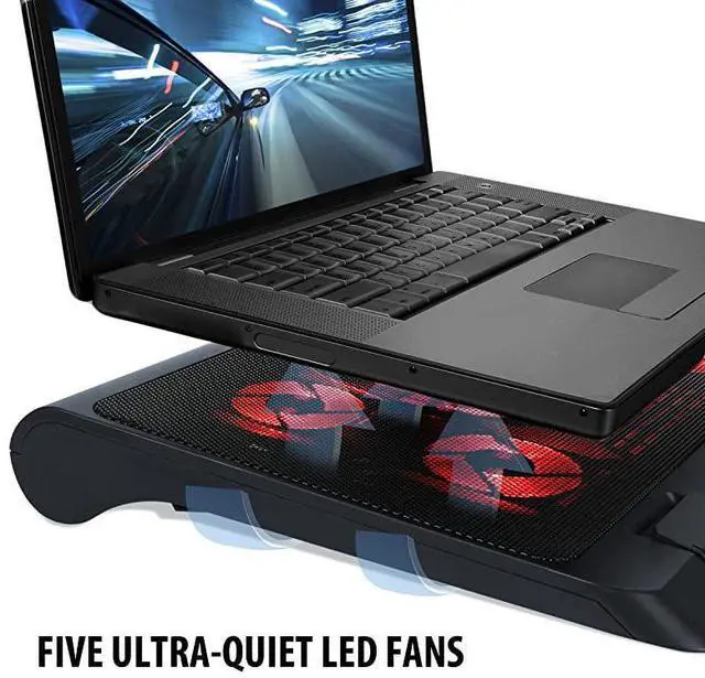 Alt view image 3 of 7 - for Gaming Laptop Cooling Pad Stand with LED Cooler Fans Adjustable Height Dual USB Port for 17 inch Laptops 5 Ultra Quiet High Performance Fans 2630 RPM BuiltIn Bumpers Red