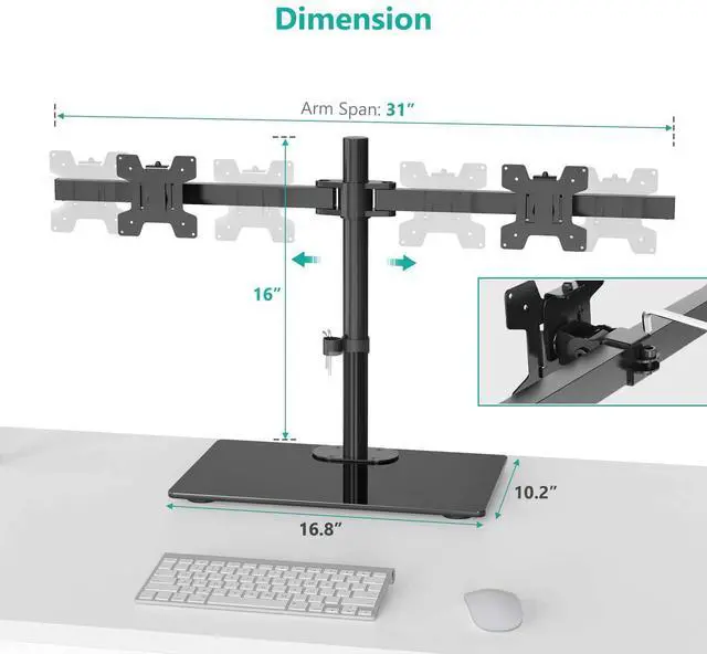 Alt view image 5 of 7 - Free Standing Dual Monitor Stand Height Adjustable Monitor Mount with Glass Base Fits ?LCD LED Flat Curved Screen up to 27 inch 22lbs with Grommet Base (GMF002) by