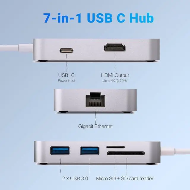 Alt view image 5 of 5 - USB C Adapter, 7 in 1 USB C Hub Muliport Adapter 4K HDMI,Gigabit Ethernet, 2 USB 3.0, 100W PD Charging, SD/TF Card Reader, Compatible with MacBook Pro/Air, iPad Air/Pro, iMac, Laptop, PC