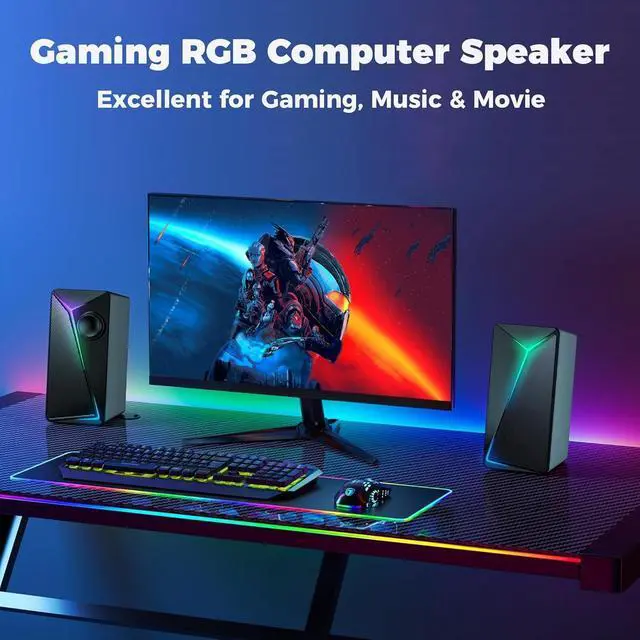 Alt view image 6 of 6 - Computer Speakers, Gaming PC Speakers with Enhanced Bass and Volume Control, Stereo 2.0 USB Powered 3.5mm Aux Multimedia Speakers for Laptop/Desktop/Tablets/Phone