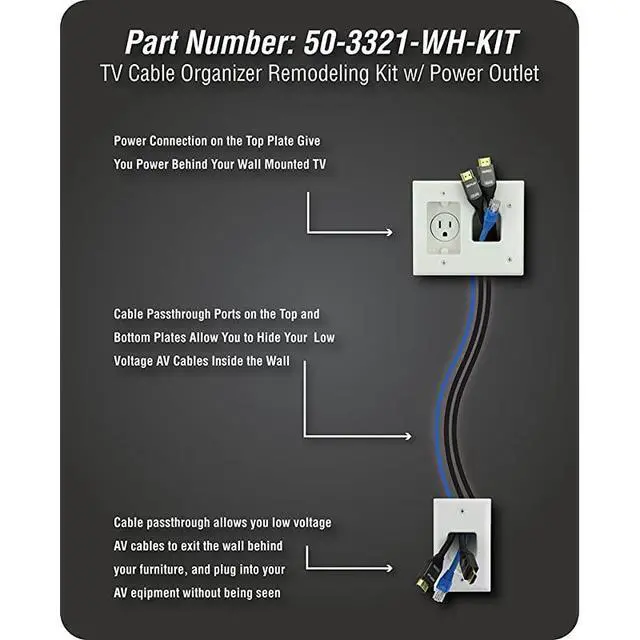 Alt view image 7 of 7 - Electronics 50-3321-WH-KIT Flat Panel TV Cable Organizer Remodeling Kit with Power Outlet - White