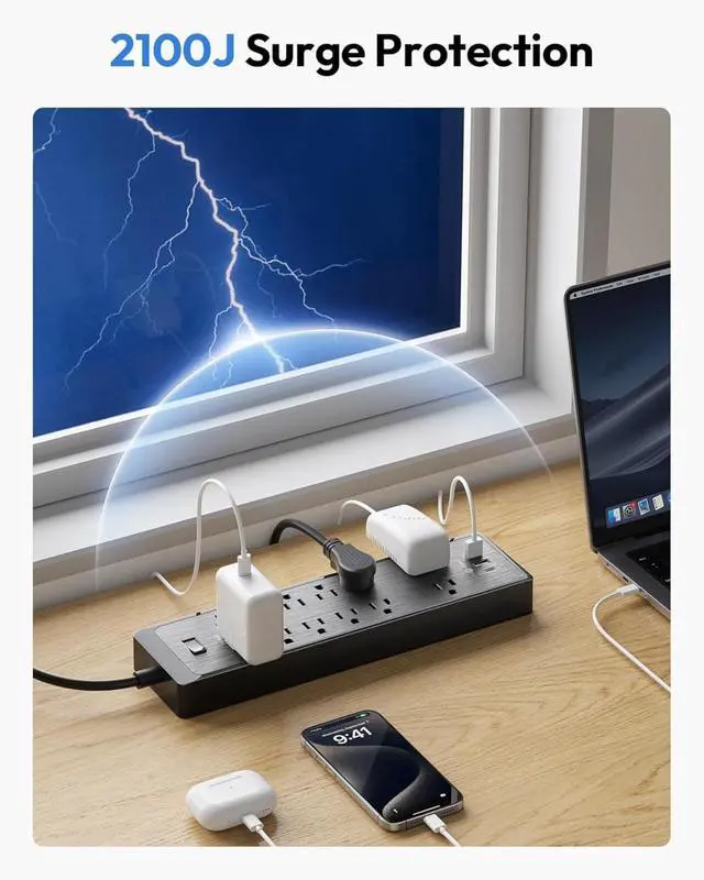 Alt view image 7 of 7 - Flat Plug Extension Cord 25 Ft, Surge Protector Power Strip with 12 Outlets(2 Widely Space) 3 USB, Overload Protection Switch, 2100 Joules, Wall Mount for Home Office and Workbench, Black