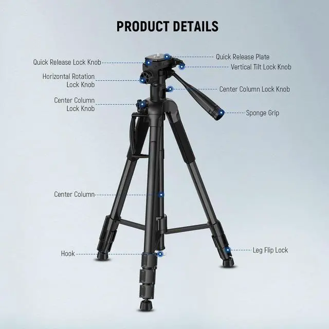 Alt view image 5 of 5 - Basic 74" Video Tripod Monopod, 3 Way Pan Tilt Head, Remote, Overhead Camera Mount, Horizontal Central Axis, Phone Holder Compatible with iPhone DSLR Telescope Projector, Max Load 17.6lb, TP05