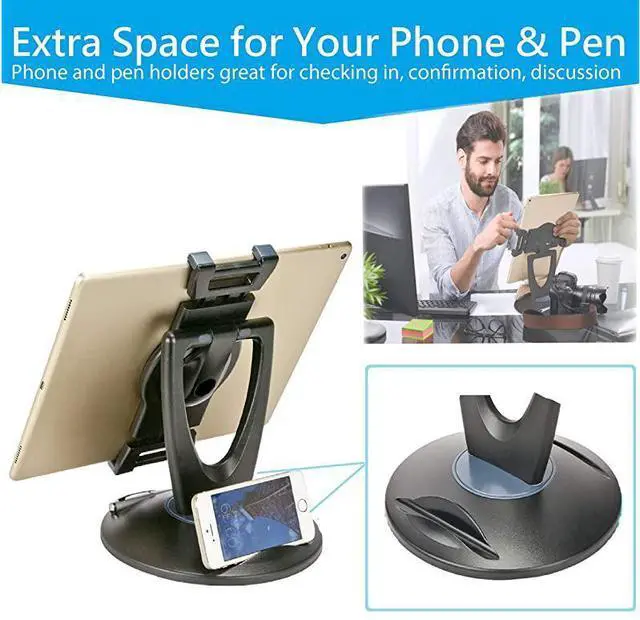 Alt view image 3 of 7 - FOR-Retail Tablet Stand 360 Rotates iPad Stand for 6 inch to 13 inch Tablets Swivel Tablet Holder w Pen Storage and Phone Stand for Store Office Showcase Reception Kitchen Desktop 5025 Black