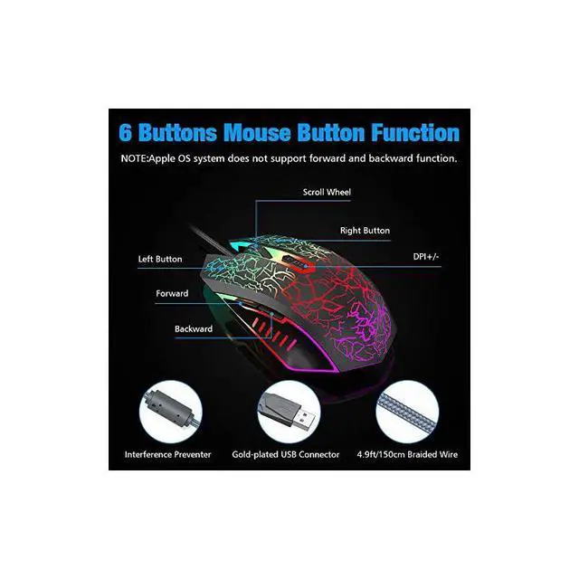 Alt view image 6 of 7 - FOR-Wired Gaming Mouse, Ergonomic USB Optical Mouse Mice with Chroma RGB Backlit, 1200 to 3600 DPI for Laptop PC Computer Games & Work Black