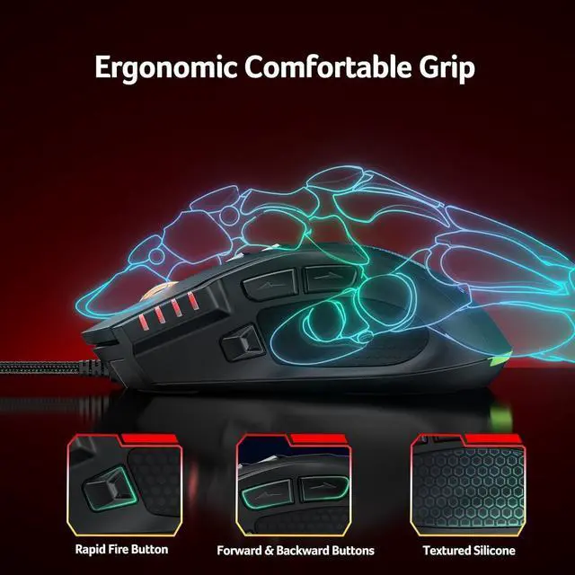 Alt view image 6 of 7 - Wired Gaming Mouse, 12,800 DPI RGB Ergonomic Computer Mouse with Optical Sensor, 8 Programmable Buttons, 12 Backlit Modes, Software for DIY Keybinds, Rapid Fire, USB Gaming Mice for Laptop, PC
