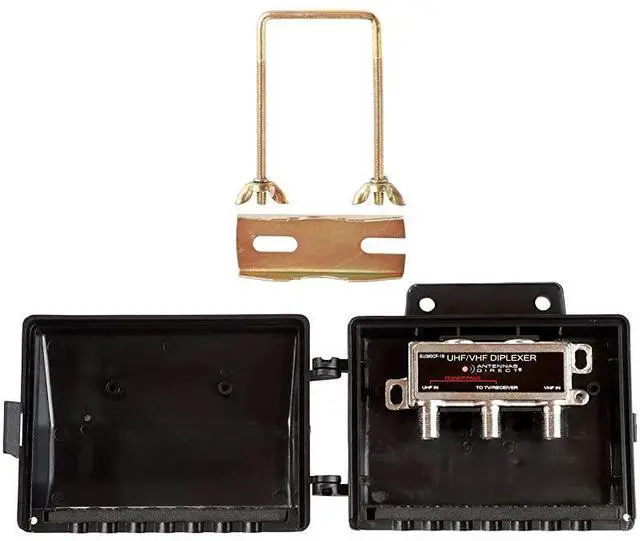 Alt view image 3 of 3 - FOR VHF / UHF Antenna Combiner, Indoor, Attic, Outdoor Use, All-weather Mounting Hardware, Adjustable Mast Clamp, Black - EU385CF-1S