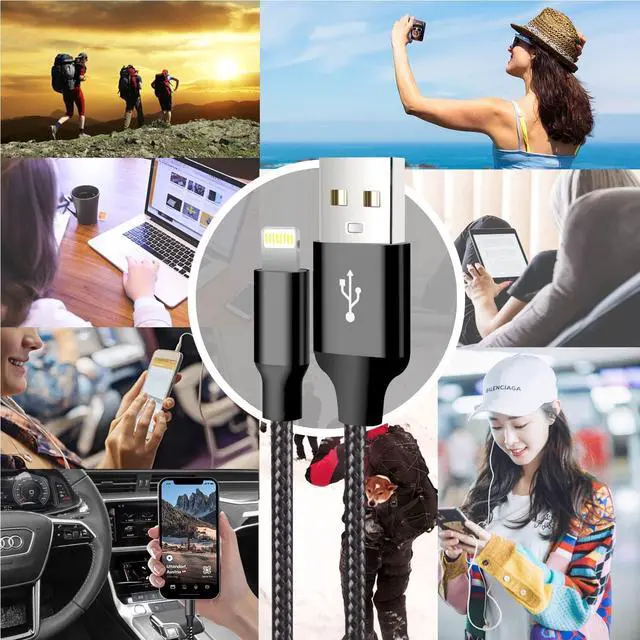 Alt view image 6 of 6 - iPhone Charger 5 Pack 3/3/6/6/10FT Apple MFi Certified USB Lightning Cable Nylon Braided Fast Charging Cord Compatible for iPhone 14/13/12/11/X/Max/8/7/6/6S/5/SE/Plus/iPad - Black