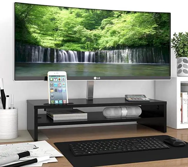 Alt view image 2 of 7 - Wood Monitor Stand Riser 2 Tiers Desk TV Shelf with Cellphone Holder Ergonomic Laptop Printer Stand with Cable Management for Laptop Computer Notebook iMac PC 213 inches Black