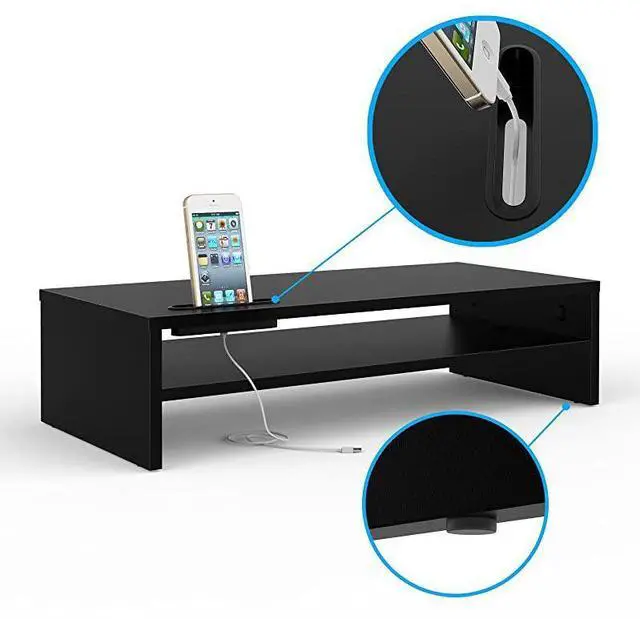 Alt view image 3 of 7 - Wood Monitor Stand Riser 2 Tiers Desk TV Shelf with Cellphone Holder Ergonomic Laptop Printer Stand with Cable Management for Laptop Computer Notebook iMac PC 213 inches Black