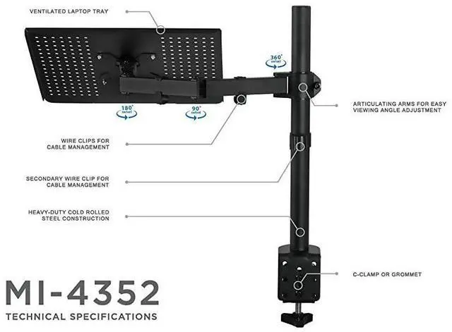 Alt view image 3 of 7 - Laptop Desk Stand Mount | Articulating Vented Laptop Tray Mount | Fully Adjustable Laptop Arm Mount | Single Laptop Desk Extension with C-Clamp | Heavy-Duty Laptop Desk Stand (MI-4352LT)