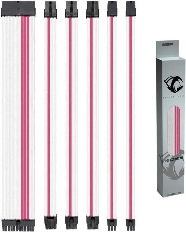 Main image of Sleeved PSU Extension Set - Power Supply Extensions - 1x 24 Pin/ 2X 8 Pin/ 2X 6 Pin/ 1x 4+4 Pin - with Combs - 30cm (White & Pink)